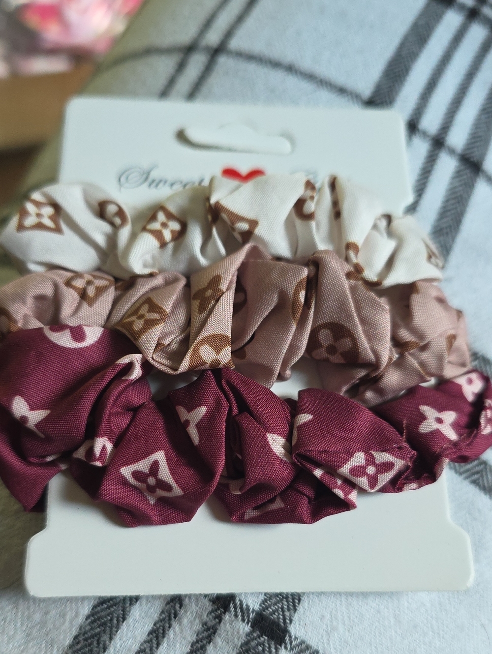 3-Pack Floral Logo Satin Scrunchies in Cream, Blush & Wine